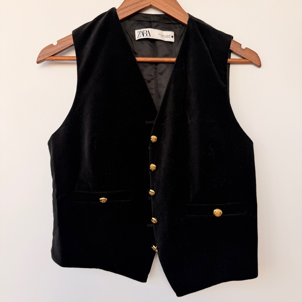 Zara Black Velvet Vest with Gold-Tone Buttons